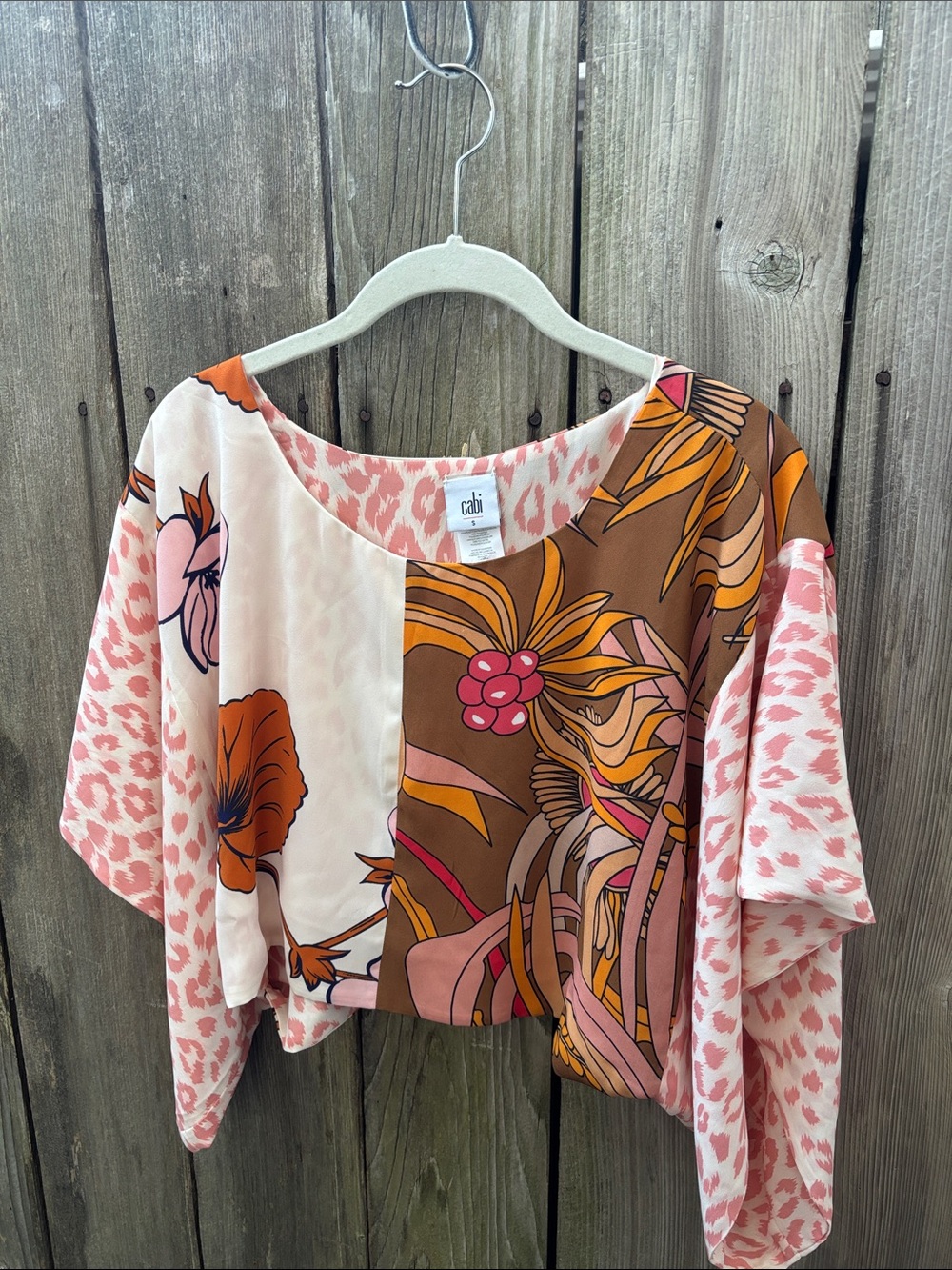 CAbi Pink, Brown Orange Floral Patchwork Dolman Top Women’s Sz Small